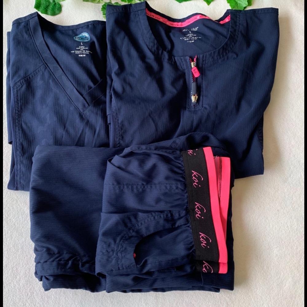 Koi Lite Navy and pink uniform.  2 tops one bottom